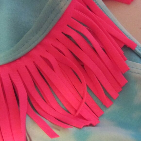 Lot 2- JUSTICE- 2 Pc Girl's Swimsuits- Sz 16- Mint Green, Aqua, Neon Accents--- - Picture 8 of 10